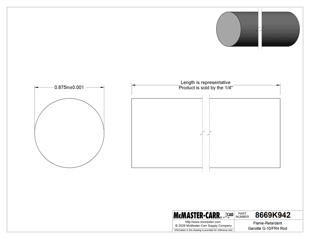 Technical Drawing of Flame-Retardant Garolite G-10/FR4 Rod, Green, 7/8" Diameter.